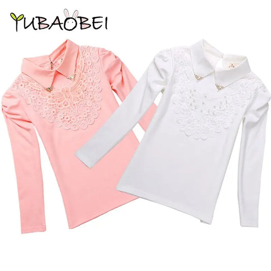 School Girls Blouse Shirts New 2021 Spring Fashion Kids Solid Turn-Down Lace Flower Blouses High Quality Children Cotton Clothes