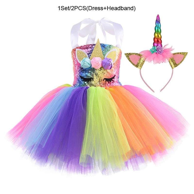 Rainbow Sequin Unicorn Kids Dress Up Costumes Princess Girl Dress Party Costume Halloween Flower Girls Dresses for Weddings Knee