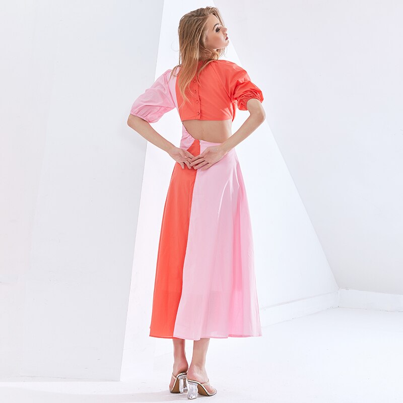 TWOTWINSTYLE Patchwork Hit Color Asymmetrical Summer Dress For Female Puff Sleeve High Waist Hollow Out Dresses Women 2021 New