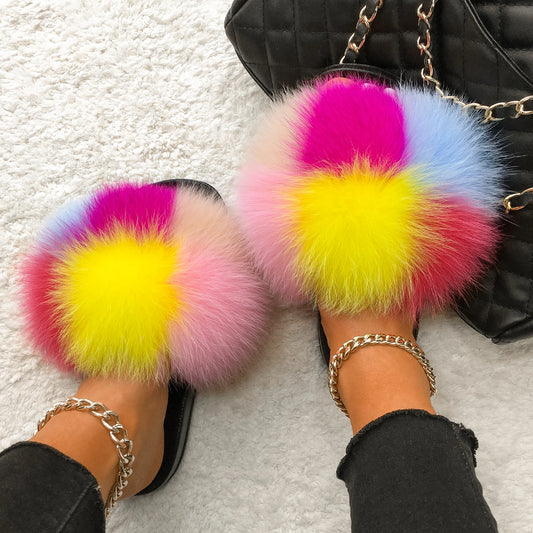 Fluffy Flip Flops Real Fox Fur Slippers Cute Ladies Furry Fur Slides Plush Beach Slippers Flat Summer Sandals Women House Shoes