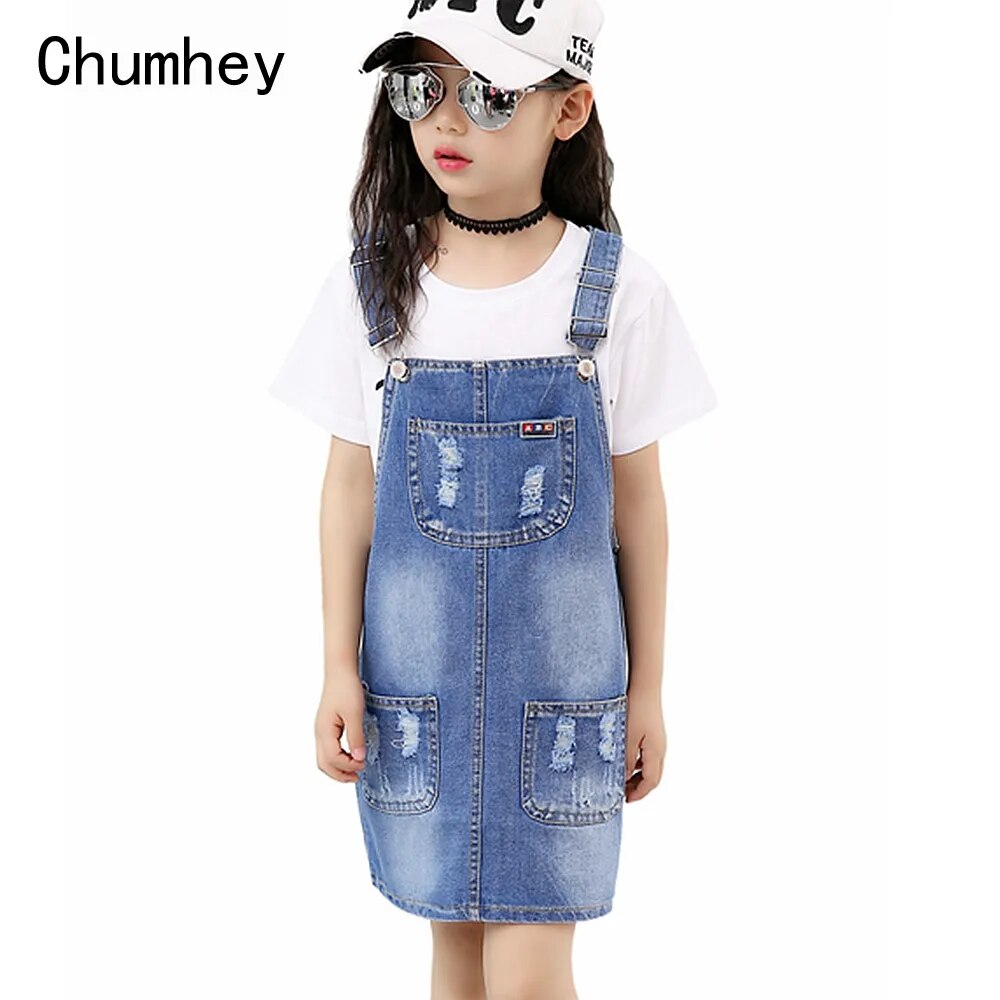 Chumhey 2-16T Girls Sundress Bib Suspender Dresses Summer Straps Kids Pinafore Denim Overalls Children Clothing Girl Clothes