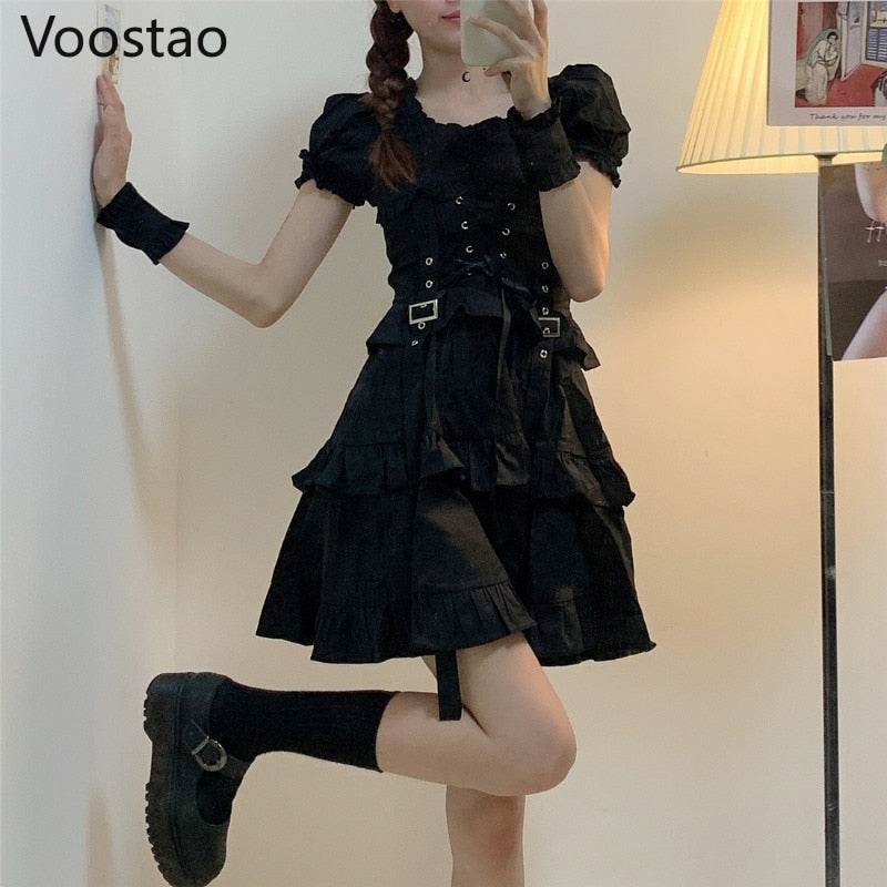 Japanese Women Black Gothic Lolita Dress Victorian Renaissance Retro Chic Punk Style Puff Sleeve Bandage Mini Dress Girl Dresses