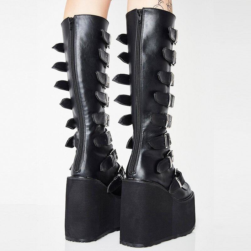 New Women Mid-calf Boots Metal Belt Buckle Wedge High Heel Platform Female Pumps Ladies Black Punk Gothic Party Shoes