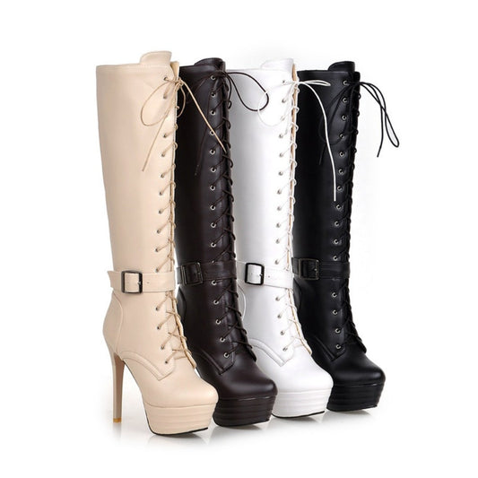 Womens Platform Lace Up Boots High Heel Stiletto Gothic Knee High Knight Boots