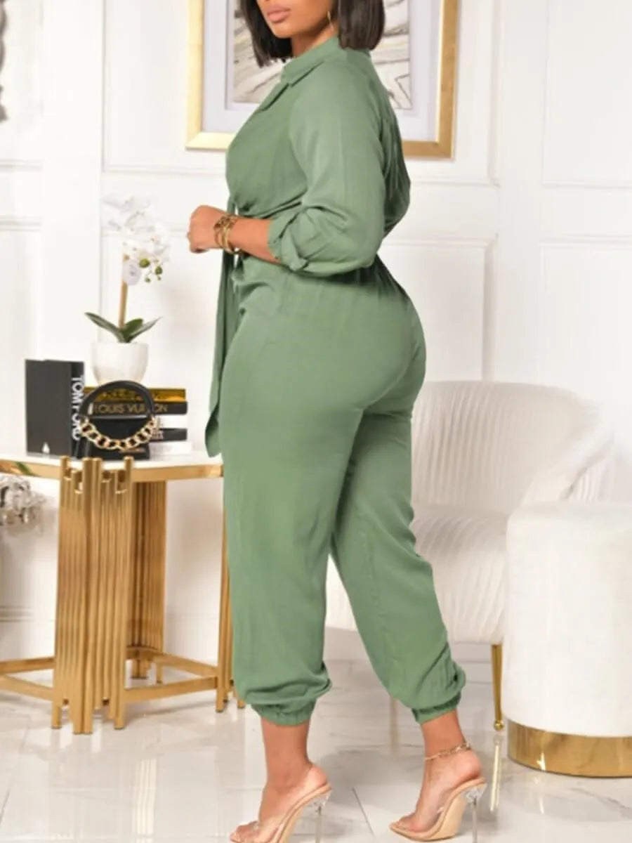 LW Jumpsuit BASICS Plus Size Casual V Neck Tie Knot Grey Solid Long Sleeve Rompers Lady Outfits