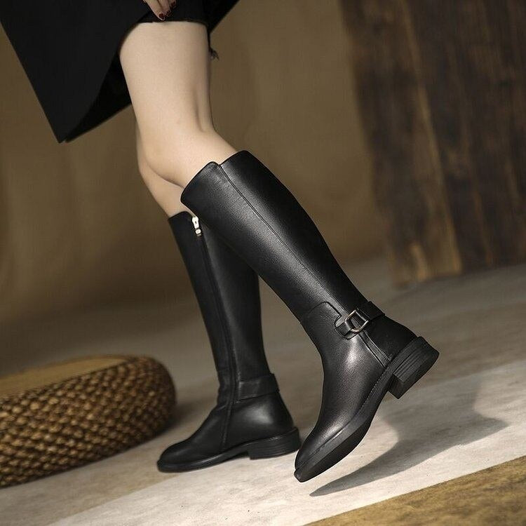 New Pu Leather Knee Boots for Women Shoes Buckle Metal Decoration Fashion Outdoor Ladies Footwear Size 34-41 Long Black Botas