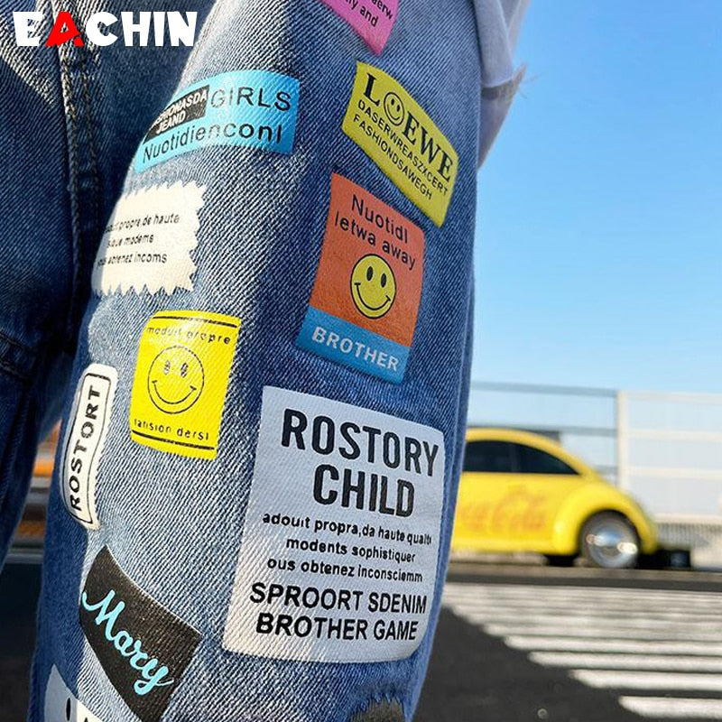 EACHIN Baby Boys Jeans 2023 New Fashion Patchwork Teen Boy Clothes Kids Denim Pants Toddler Sky Blue Jeans Children Casual Pants