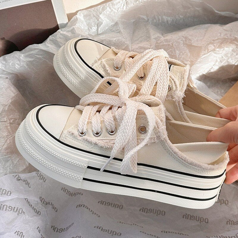 SHANPA Breathable Raw Edge Canvas Shoes for Women White Chic and Elegant Platform Shoes Casual Fashion Comfortable New Footwear