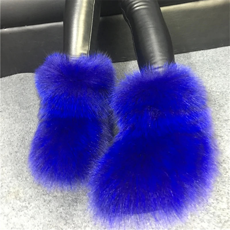 One Piece Fox Fur Women Snow Boots Blue Winter Warm Furry Botas Femininas Casual Botines Mujer Thick Sole Flat Shoes Woman White