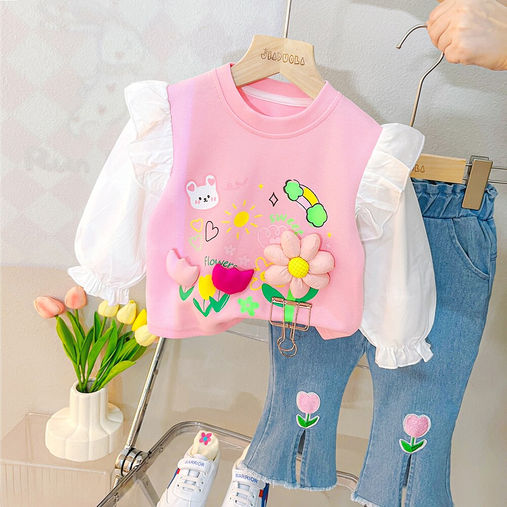 2023 Spring Kids Clothing Sets Baby Girls Lace Floral T Shirt Jeans 2 Pcs Suits Cartoon Infant Clothes Outfits Children Costume