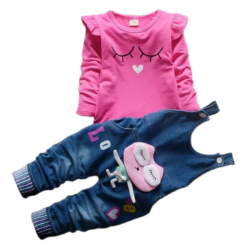 2023New Hot Spring Baby Girls Clothing Set Children Denim overalls jeans pants + Blouse Full Sleeve Twinset Kids Clothes Set