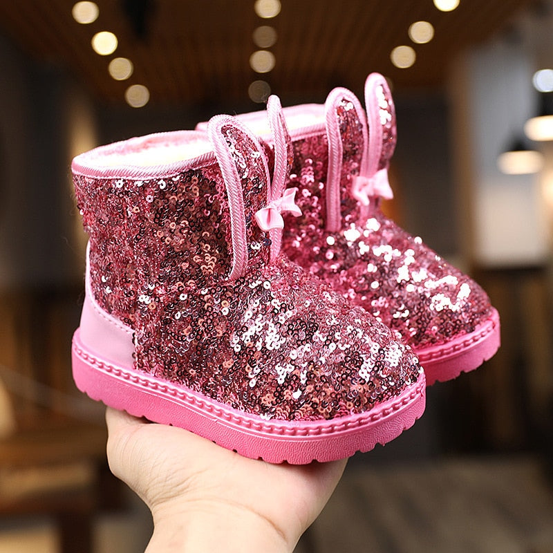 Fashion Bling Glitter Princess Cute Rabbit Toddler Short Boots Non-slip Plush Warm Snow Boots for Kids Winter Casual Shoes