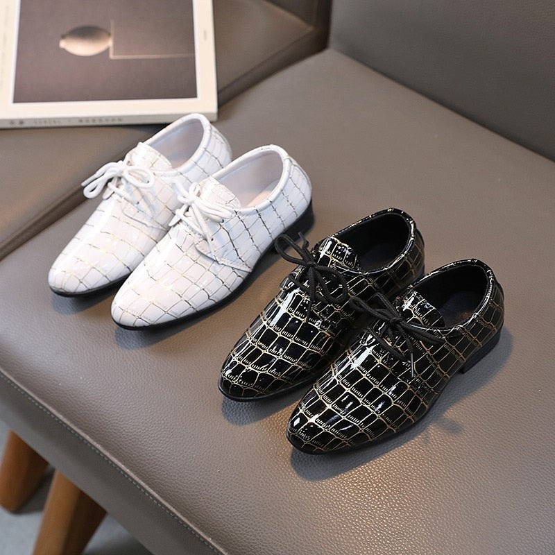 Children Kids Leather Flats Toddler Medium Big Boys Lace Up Classic Style Fashion Leather White Black Plaid Wedding Stage Shoes