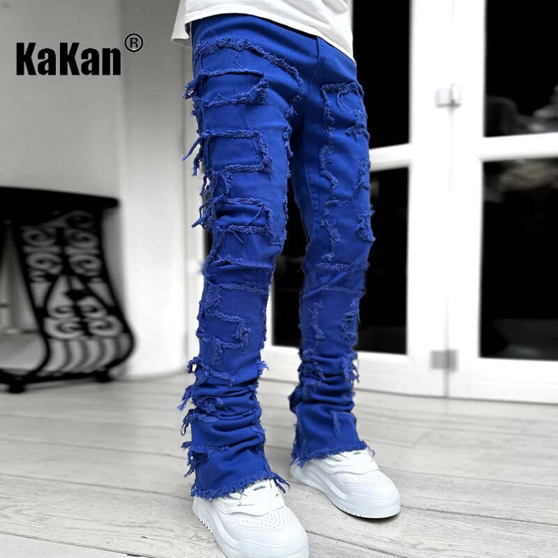 Kakan - New European and American Heavyweight Streetwise Stretch Patch Jeans for Men, High Street Straight Fit Long Jeans16-3001