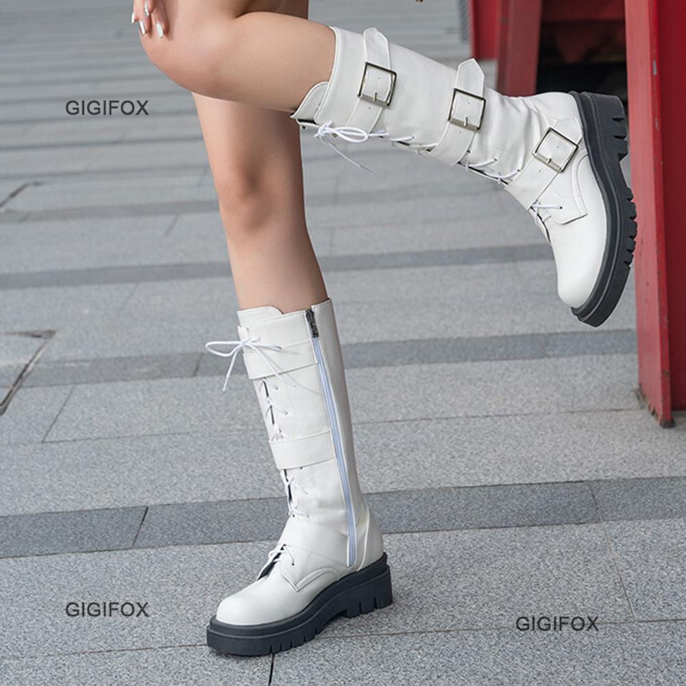 GIGIFOX Fashionable Trendy Black White Gothic Platform Buckles Chains Punk Rivets Combat Motorcycle Boots Shoes For Women 2022