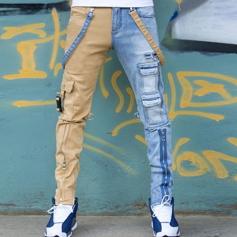 New arrive men&#39;s slim khaki blue jeans high quality pockets decoration street fashion casual pants stylish sexy cargo jeans men;