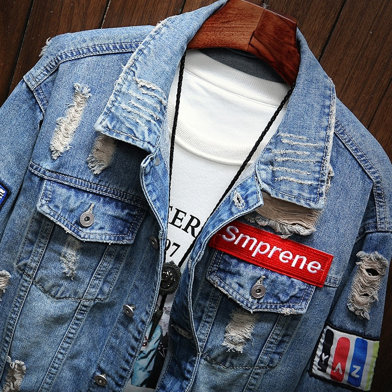 Male Jeans Coat Men Brand Denim Jacket Hip Hop Streetwear Punk Motorcycle Ripped Print Cowboy Outwear High Quality Casual Hole