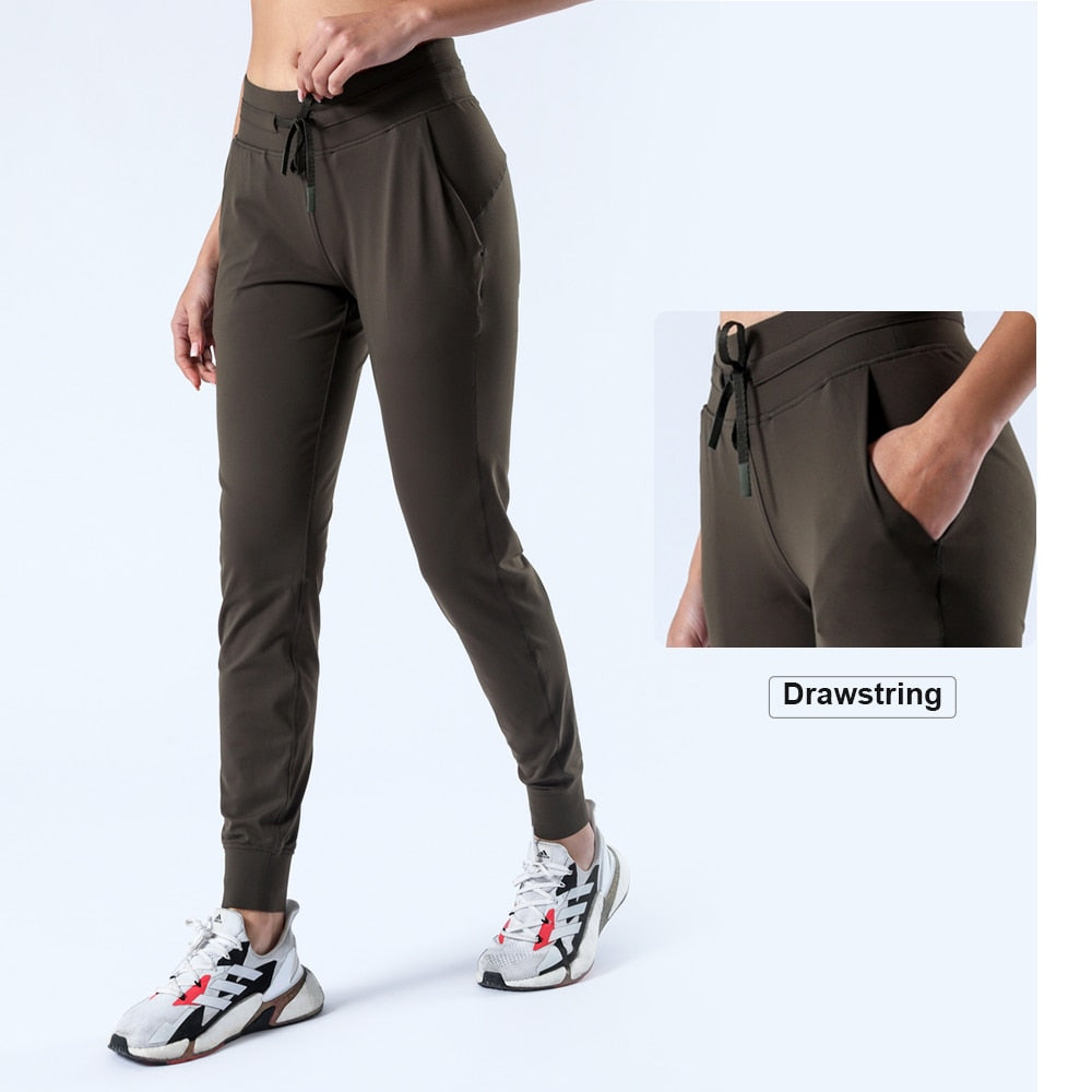 Athletic Casual Sports Pants Lulu Women Drawstring Yoga Leggings Outdoor Workout Jogging Trousers Gym Pockets Running Tights