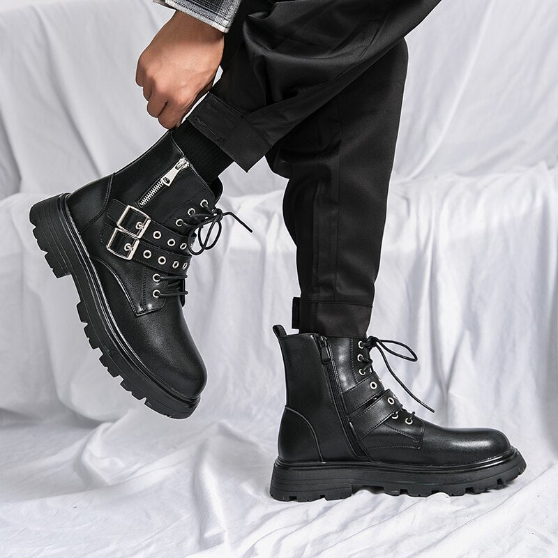 NEW Luxury Brand Black Men&#39;s Chelsea Boots Gothic Biker Boots Men&#39;s Casual Leather Outdoor Boots Ankle Boots for Men MO-51382