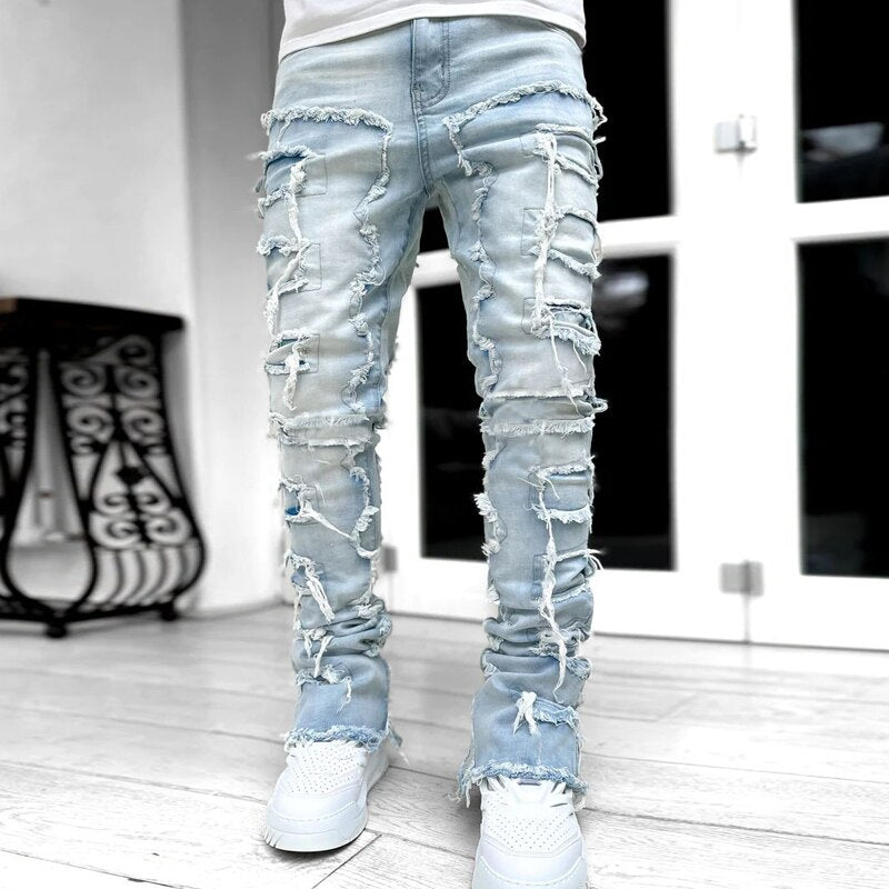 High Street Casual Patch Jeans Men 2023 New European and American Heavyweight Street Stretch Straight Jeans Soft Stretch Pants