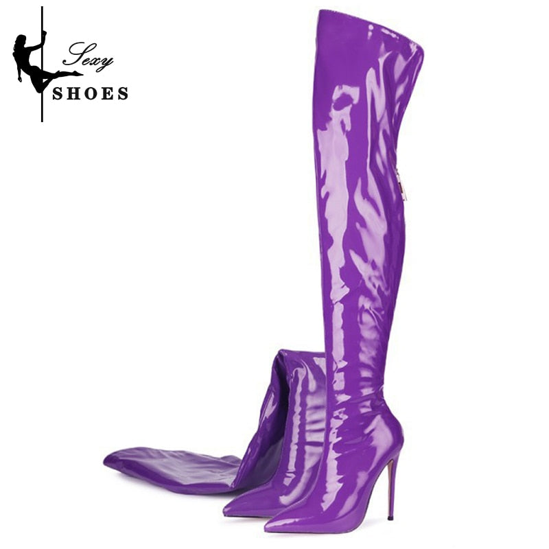 Nightclub Stretch Boots Over-the-Knee Women Shoes Patent Leather Pointed Toe Zipper Long Boots Sexy Gothic Fetish High Heels