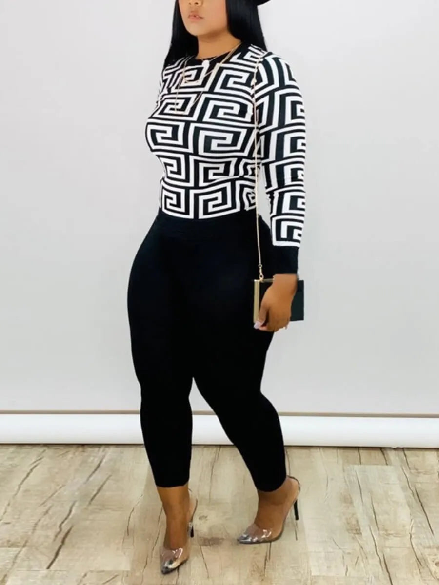 LW Plus Size Round Neck Geometric Print Pants Set Female Polyester Casual RegularLong Sleeve O-Neck Matching Outfits For Women