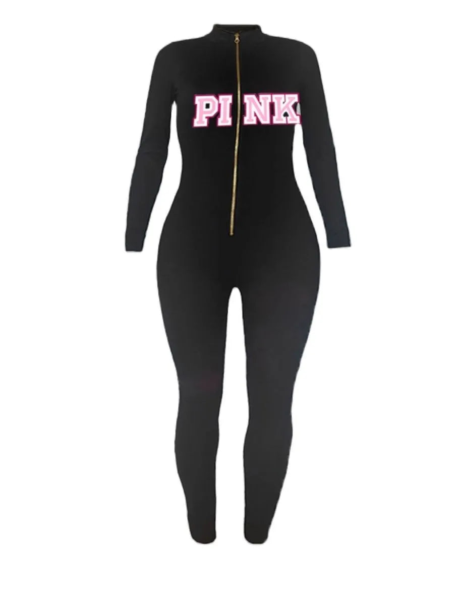 LW Plus Size Woman Zipper Jumpsuits Pink Letter Print Skinny Jumpsuit Sexy Streetwear Casual Rompers Sportswear Jumpsuit