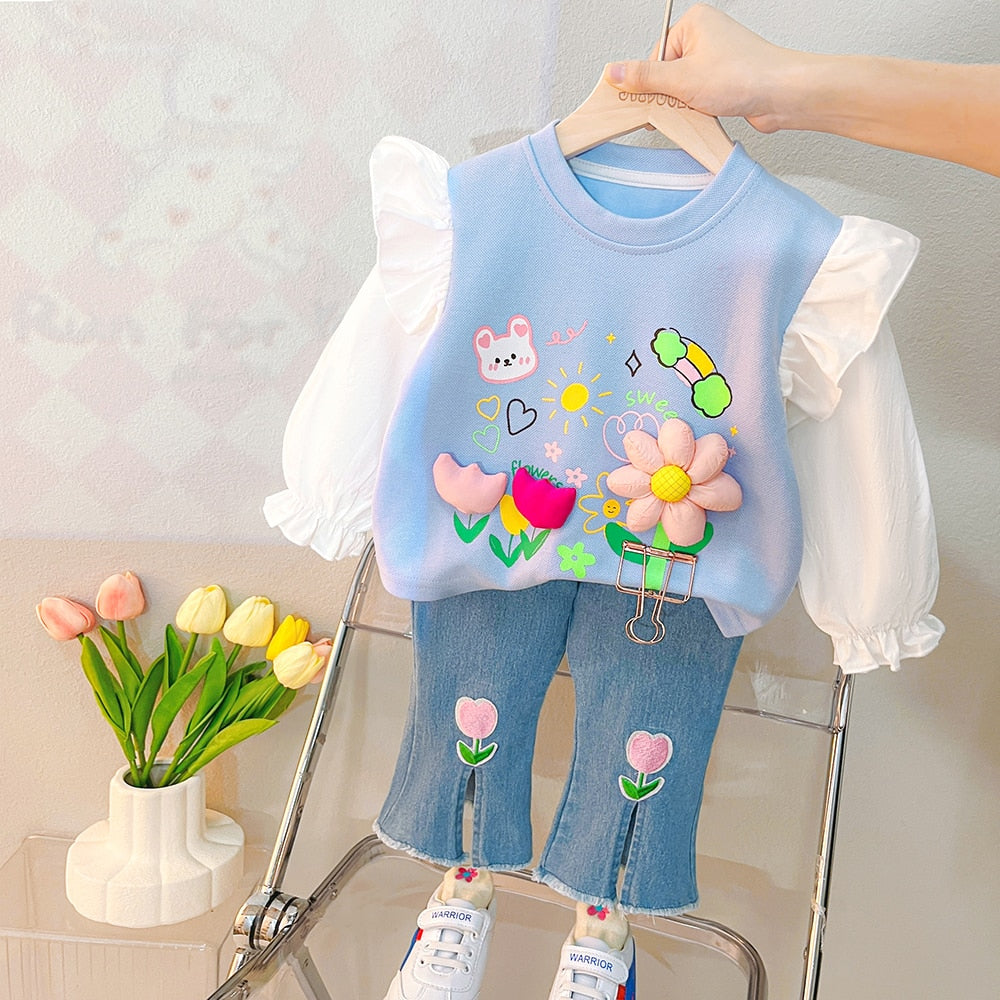 2023 Spring Kids Clothing Sets Baby Girls Lace Floral T Shirt Jeans 2 Pcs Suits Cartoon Infant Clothes Outfits Children Costume