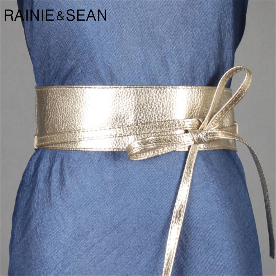 RAINIE SEAN Women Pu Leather Belt Soft Leather Wide Self Tie Wrap Wedding Designer Brand Ladies Belts For Dresses