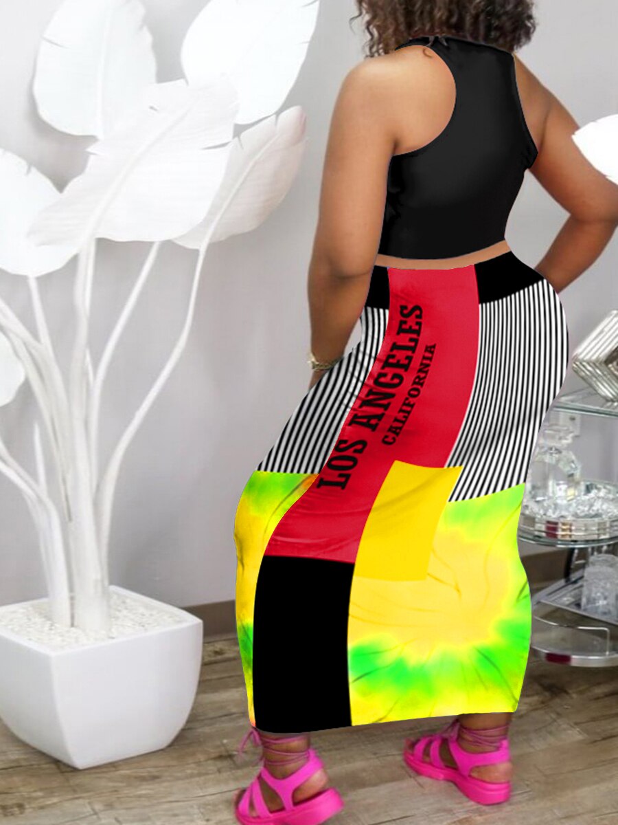 LW Plus Size Two Piece Skirt Set Letter Print Striped Tie Dye Skirt Set 2023 Sexy Outfit Cropped Top + Skirt Elegant Female dres