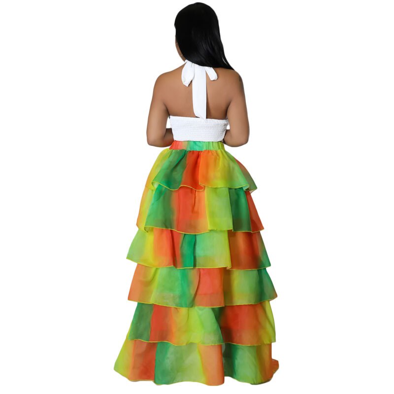 Adogirl Women Printed Mesh Cake Skirt Changing Color Cascading Ruffles High Split Long Petticoat 2022 Summer Beach Outfits