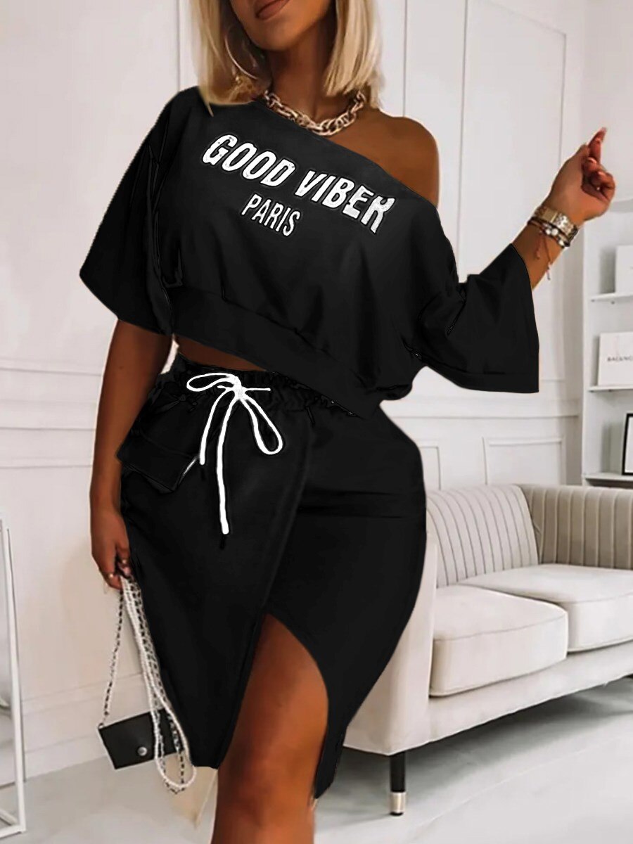 LW Plus Size Two Piece Good Viber One Shoulder Letter Print Set Crop Top+High Split Skirt Elegant Matching Outfits For Women