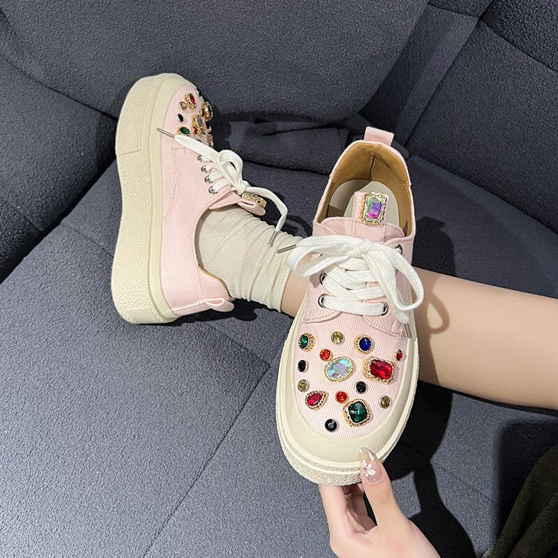 New Womens Round Toe Diamond Crystal Rainbow Colors Sneakers Flats Loafers Slip on Shoes Luxury Shoes Kawaii Shoes Zapatos Mujer