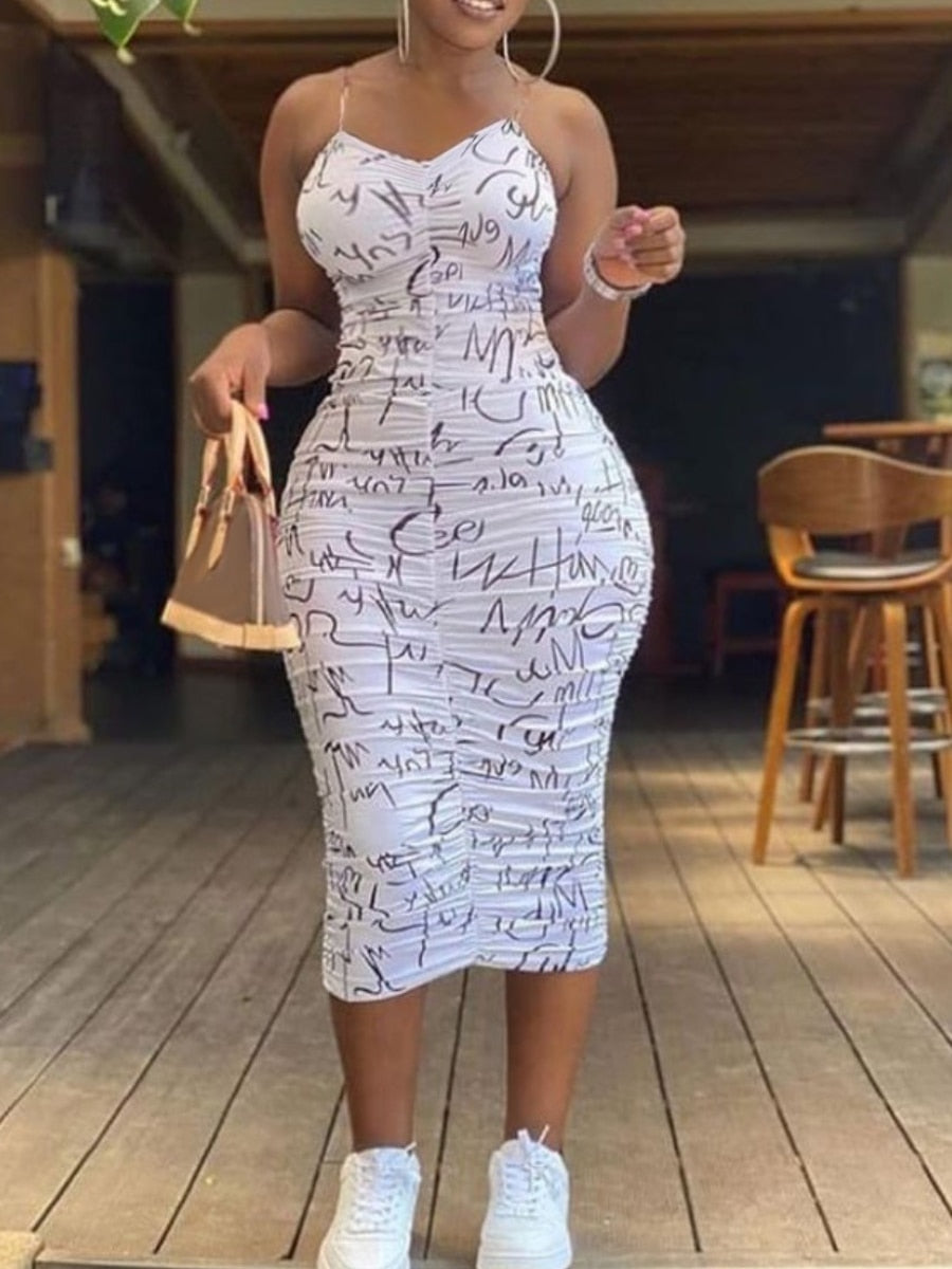 LW Plus Size Letter Print Ruched Bodycon Cami Dress Women midi Dress Sleeveless Y2k Bodycon Dresses Sexy Maxi Dress Party Vestid