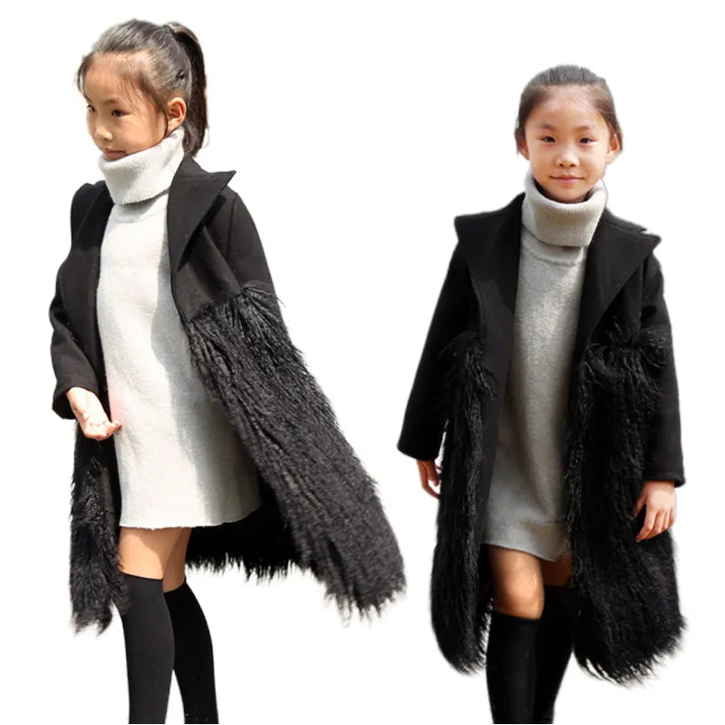 Winter Woolen Jackets For Girl Long Style 2022 Korean Kids Patchwork Faux Sheep Fur Coats Children Wool Tops Faux Fur Clothes