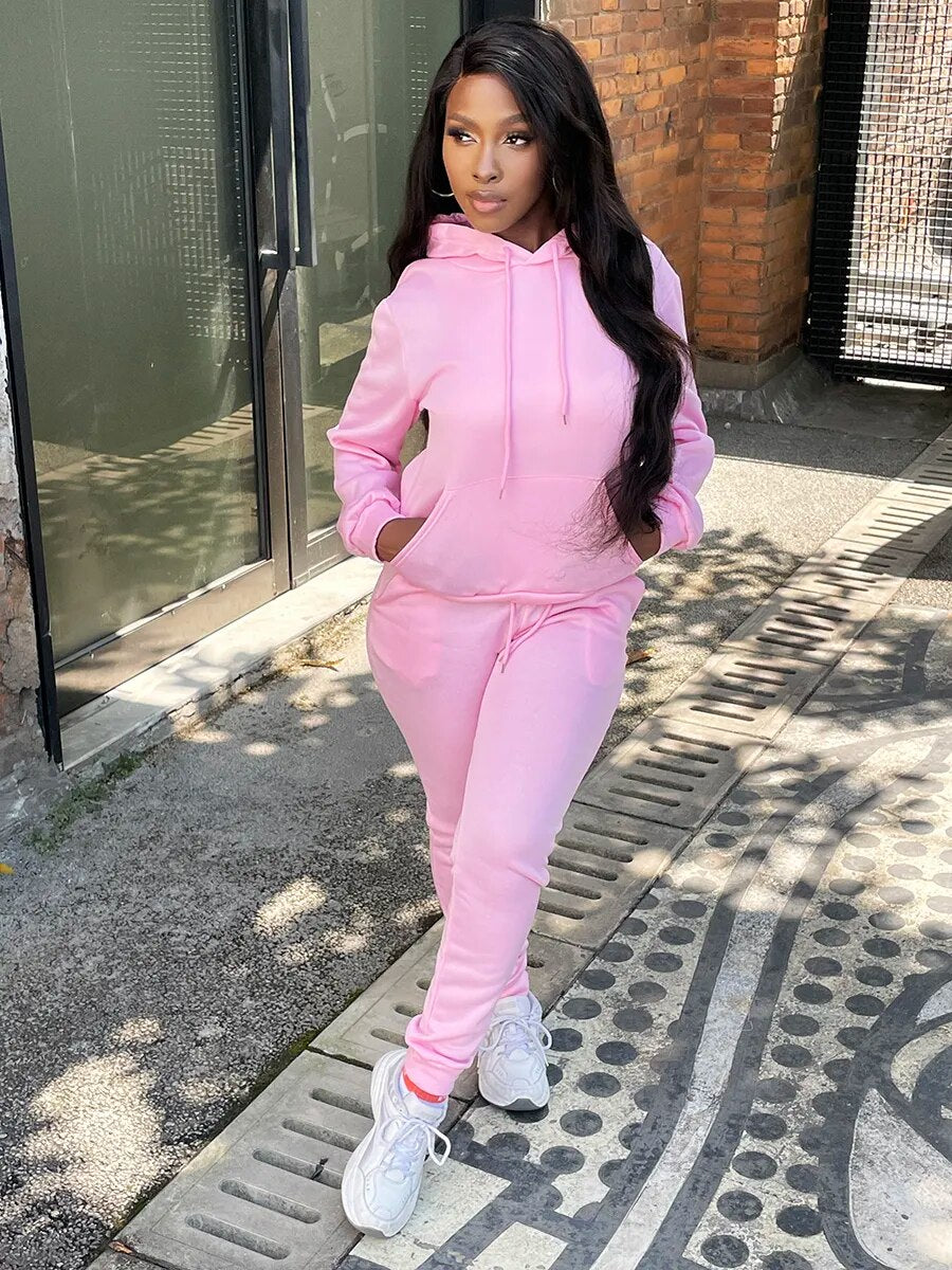 LW Women's Plain Basics Two Piece Lace Up 2pcs Workout Suits Hooded Kangaroo Pocket Drawstring Tracksuit Sporty Top+Trousers