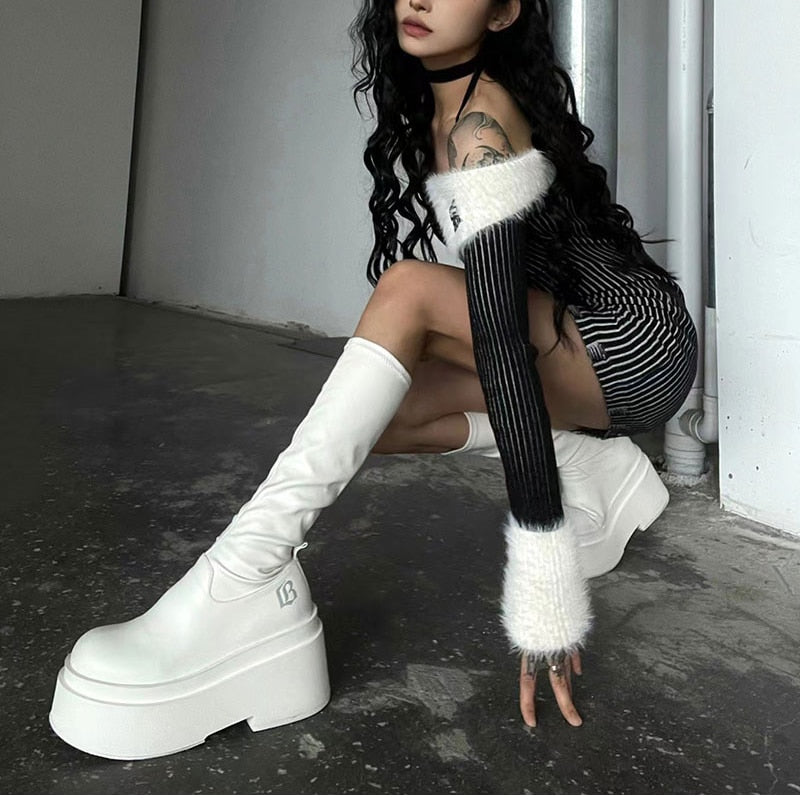 Gothic Boots for Women Fashion Punk Style Ladies Long Booties Autumn Winter Thick Bottom Women&#39;s Knee High Booties