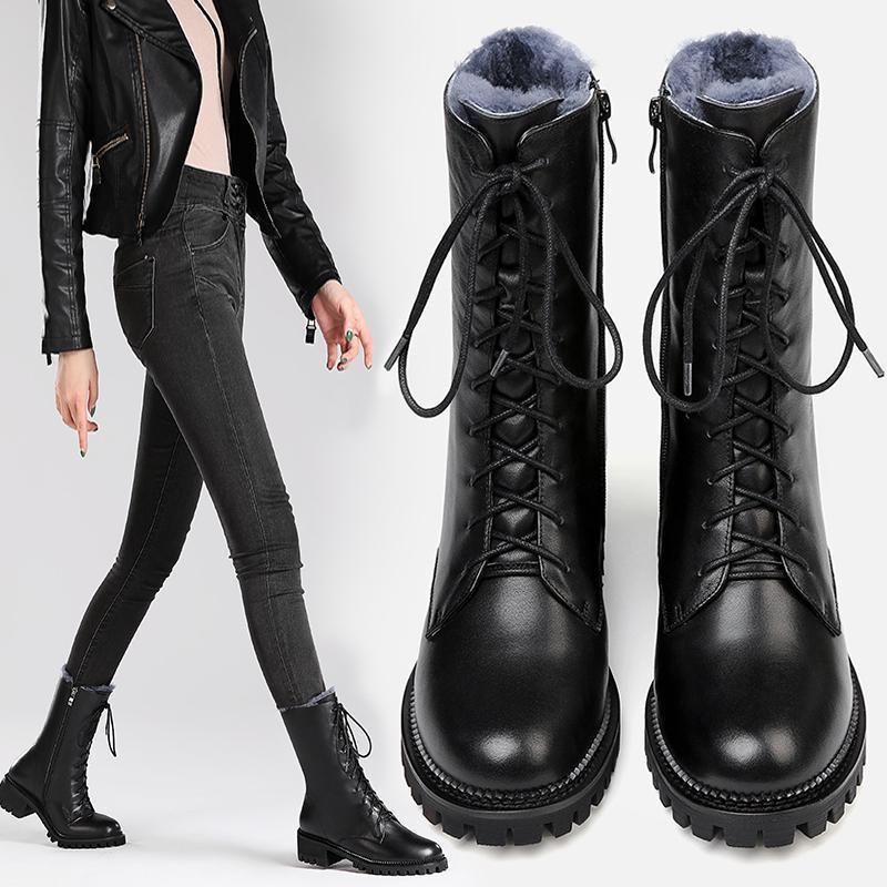 Top Quality New Woman Winter Snow Boots Ladies Genuine Leather Platform Mid-calf Bota Thicken Warm Martin Booties Punk Goth 2023