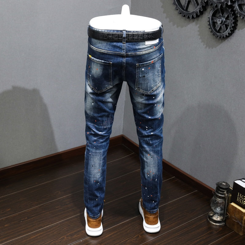 Fashion Designer Men Jeans Retro Blue Stretch Slim Fit Painted Ripped Jeans Men Korean Style Vintage Casual Denim Pants Hombre