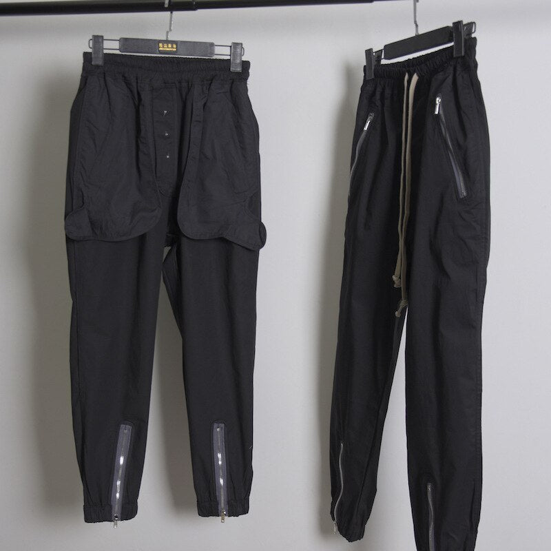 Men Black Zipper Plain Casual Pants Rick Thin Elastic Woven Cargo Pants High Street High Street Owens Casual Black Pants