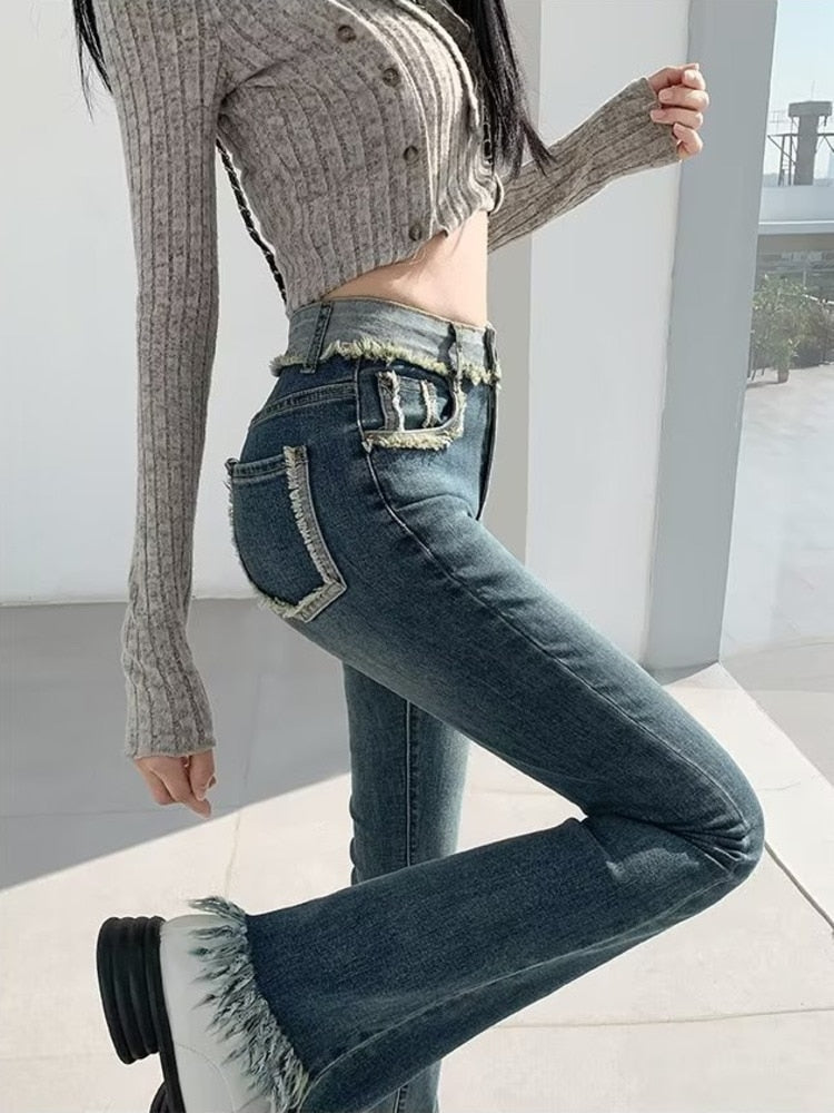 High Waist Micro Bell-bottoms High Street Retro Jeans Slim Spicy Girl Horseshoe Pants Casual Women Jeans