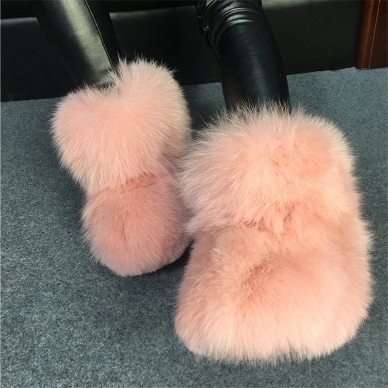 One Piece Fox Fur Women Snow Boots Blue Winter Warm Furry Botas Femininas Casual Botines Mujer Thick Sole Flat Shoes Woman White