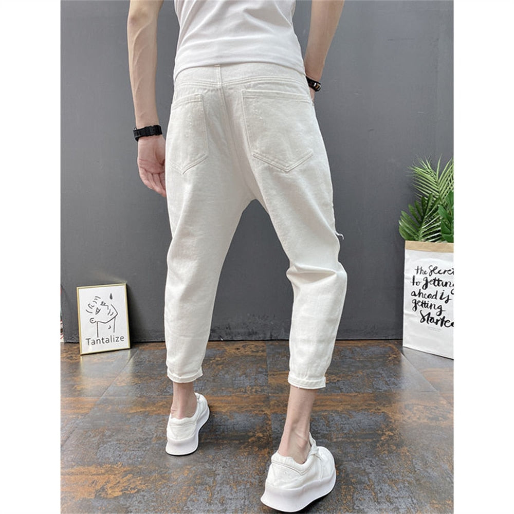 Japanese Trend New Men&#39;s Ripped Hole Jeans White Green Black Ankle Length Youth Fashion Loose Denim Harem Cargo Pants