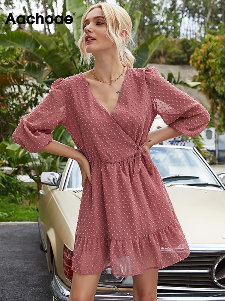 Aachoae 2021 Summer Women Ruffles Lace Chiffon Dress Boho Mini Beach Dress Three Quarter Sleeve Ladies Party Dresses Vestido