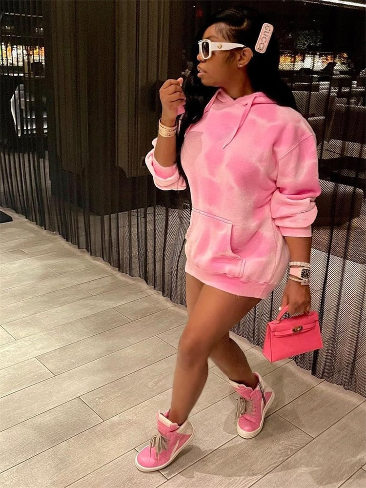 FQLWL Pink Tie Dey Autumn Long Sleeve Hoodies Streetwear Y2k For Women 2023 Fashion Yellow Pocket Loose Hooded Sweatshirts