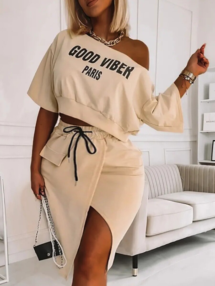 LW Plus Size matching sets Two Piece dress sets Letter Print Striped Skirt Set Fashion Casual Summer Tops+Bottoms Matching Outfi