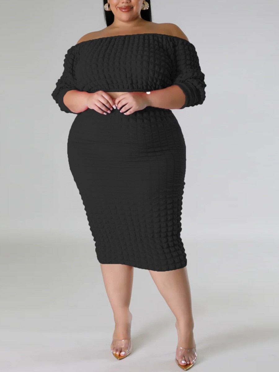 LW Plus Size dresses Off The Shoulder Waffle Knit Skirt Set Summer Sexy Two Piece Set Maxi Skirts Matching Sets Ladies Tracksuit