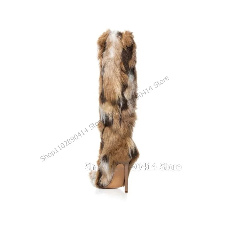 Mixed Color Fur Decor Pointed Toe Boots Knee High Slip On Women Shoes Thin High Heels Novel Warm Winter 2023 Zapatos Para Mujere