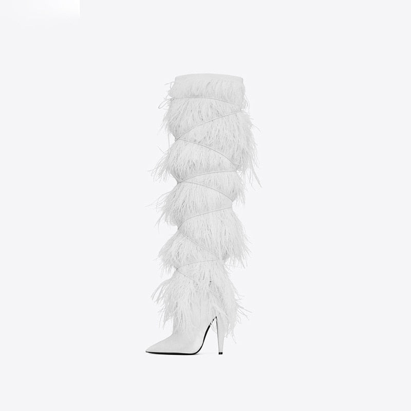 2023 Size 34-45 Show Feather Boots Sexy Ostrich Hair High Heel Pointed European and American Large Size Shoes Womens Boots