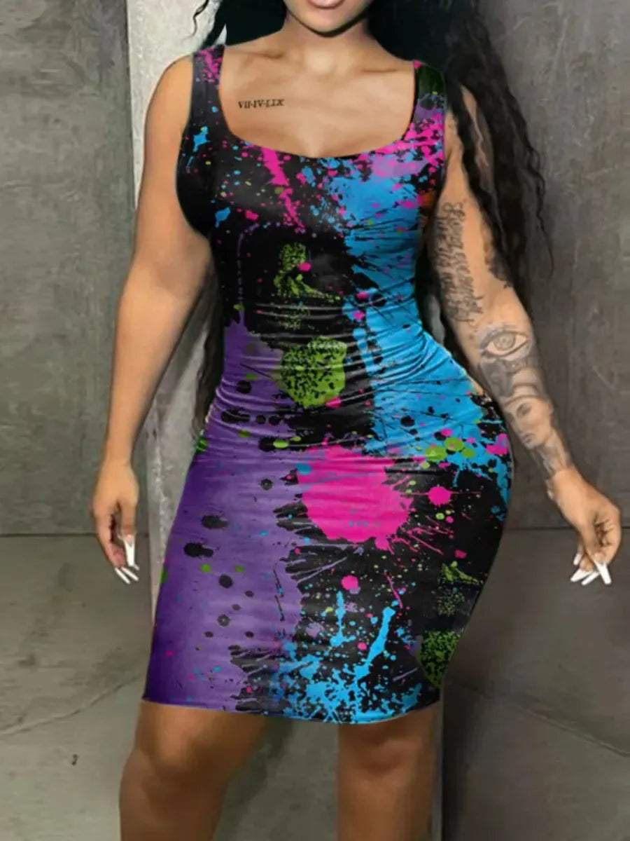 LW Plus Size Splash Ink Bodycon Cami Dress Summer Low Neck Dress Sleeveless Tank Top Bodycon Dresses Elegant Sheath Slim Dress